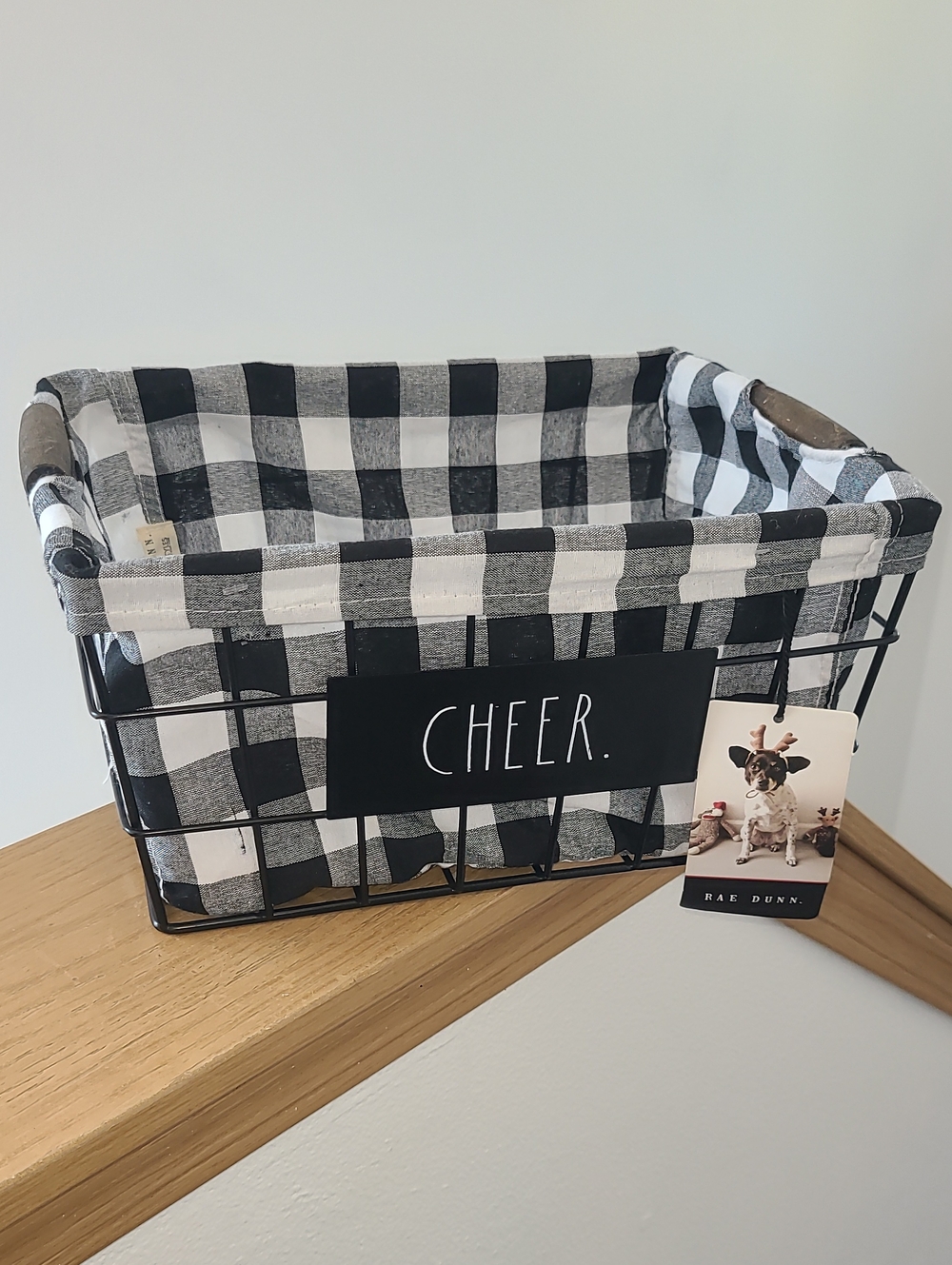 Rae Dunn Black & White Buffalo Check CHEER Wire Basket